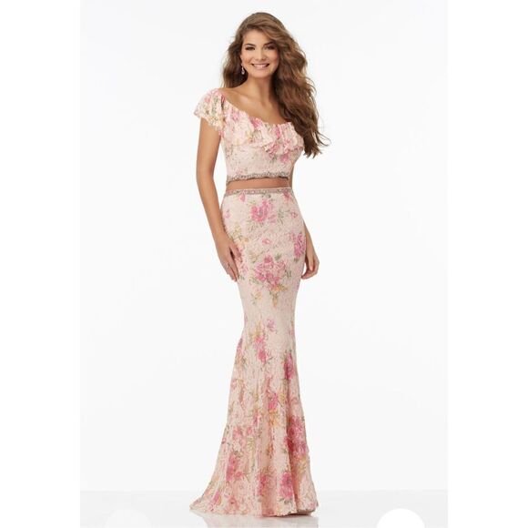 Mori Lee by Madeline Gardner Two-Piece Crop Top Fitted Skirt Floral Printed Lace - Picture 1 of 16